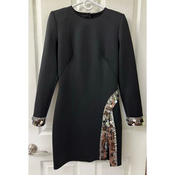 SHO Tadashi Shoji LOREN NEOPRENE MINI DRESS Black silver sequence slit S NWOT - Picture 9 of 15